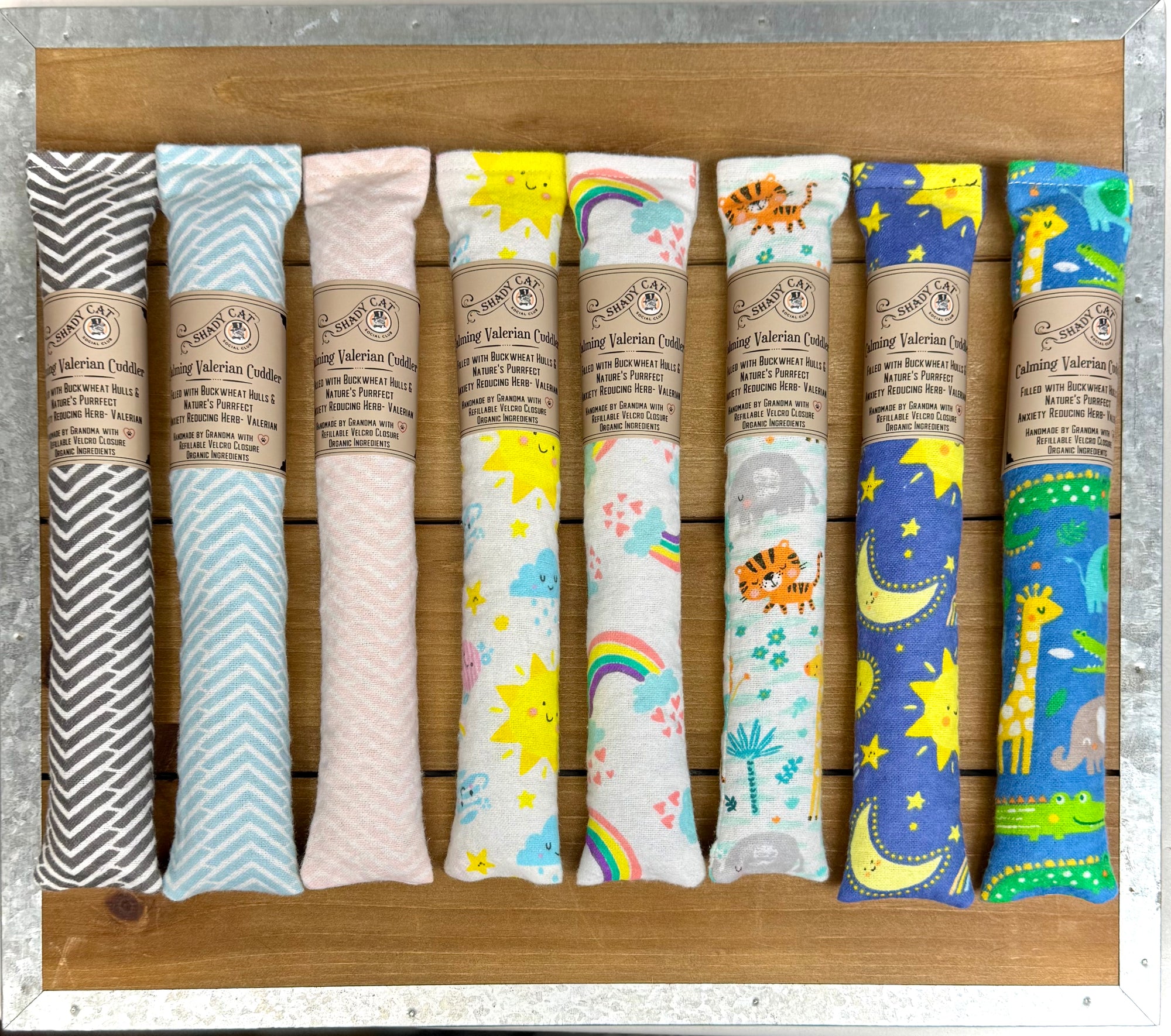 hand sewn calming cat toys filled with Valerian Root powder in various patterns from Shady Cat Social Club