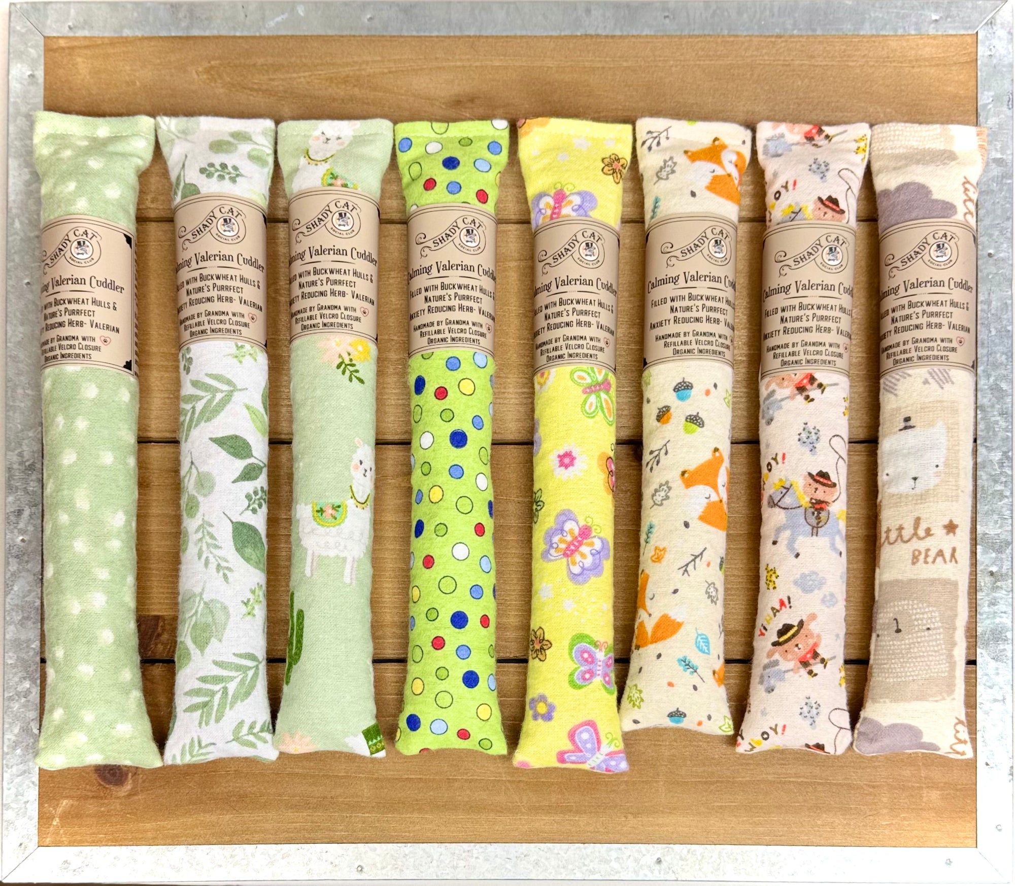 calming hand sewn cat toys in green and brown flannel patterns filled with Valerian Root powder from Shady Cat Social Club
